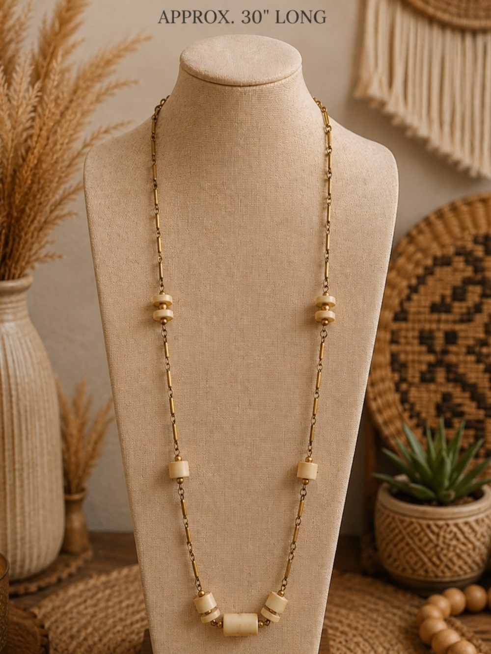 Vintage Vendome Galalith Necklace 30" Signed Gold Tone MCM Mod Cream Beads